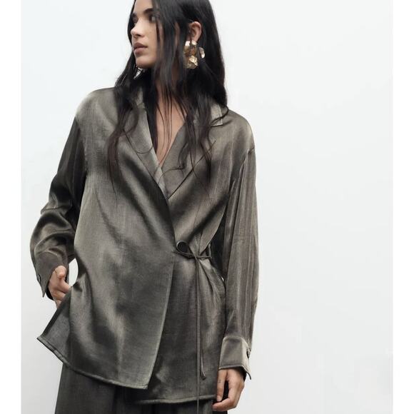 Zara Shiny Effect Double Breasted Blazer Aged Gold Size S Metallic Office Siren - Picture 1 of 11